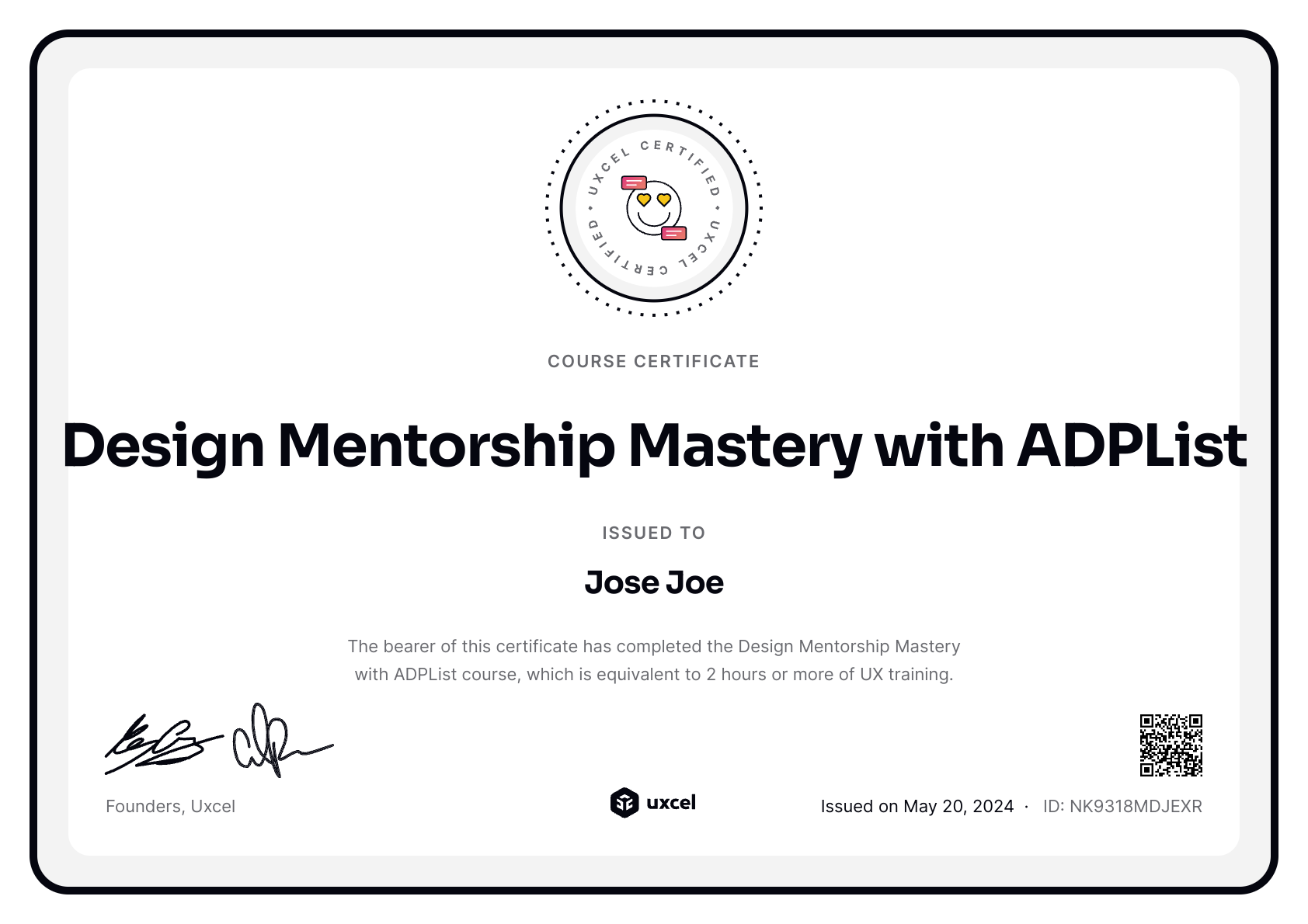 Jose Joe's certificate